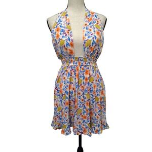 Sky to Moon Womens Blue & Orange Floral Halter Mini Dress Deep V Smocked Waist M